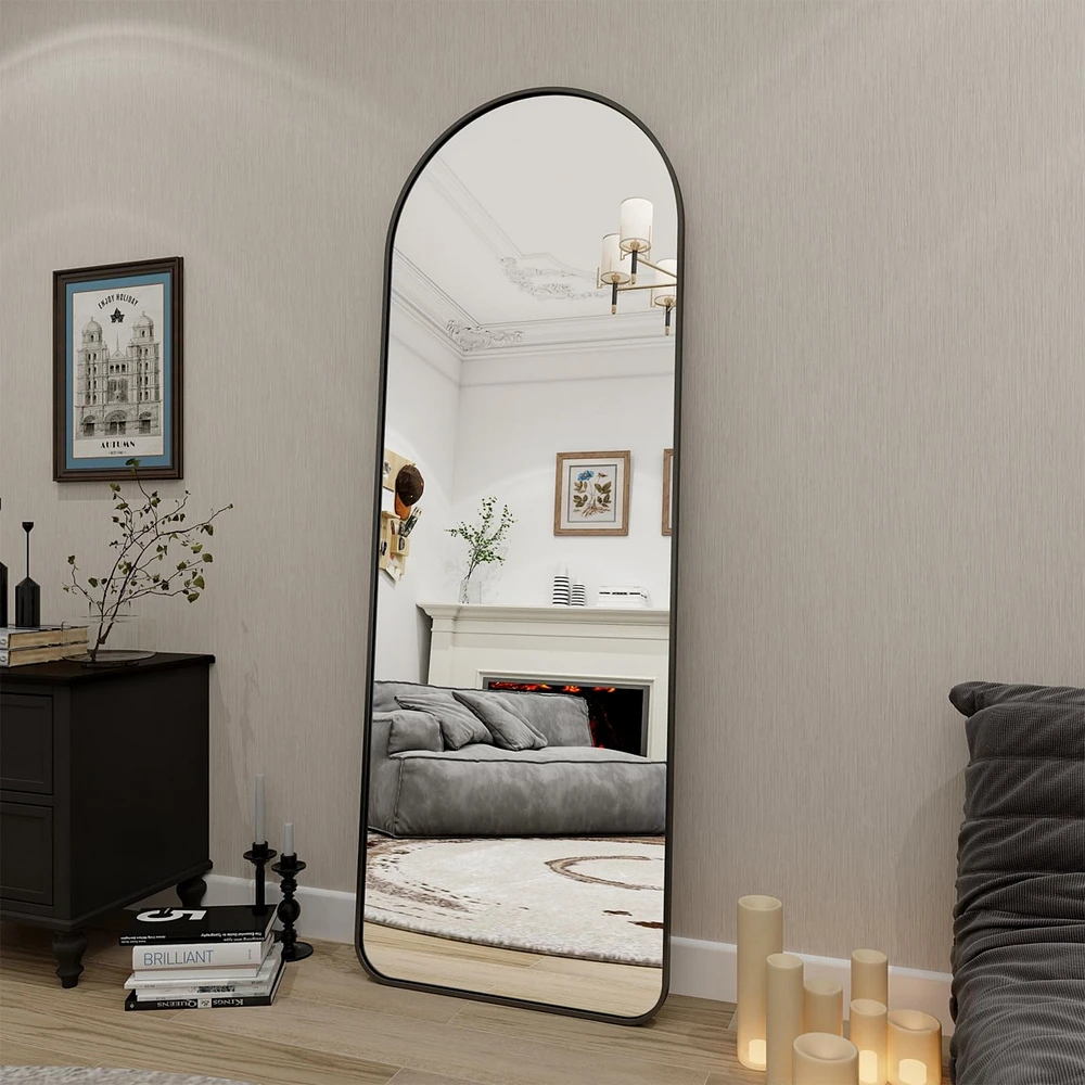 Homlux 64"x21" Arched Full-Length Mirror with Black Aluminum Alloy Frame, Rounded Corners, Standing, Hanging, Leaning
