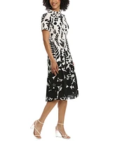 Maggy London Women's Printed Ruffle-Neck Midi Dress