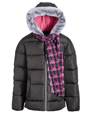 S Rothschild & Co Big Girls Quilted Full-Zip Hooded Puffer Jacket with Faux-Fur Trim Houndstooth Scarf