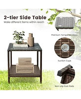 Sugift 3 Piece Patio Rocking Set Wicker Rocking Chairs with 2-Tier Coffee Table