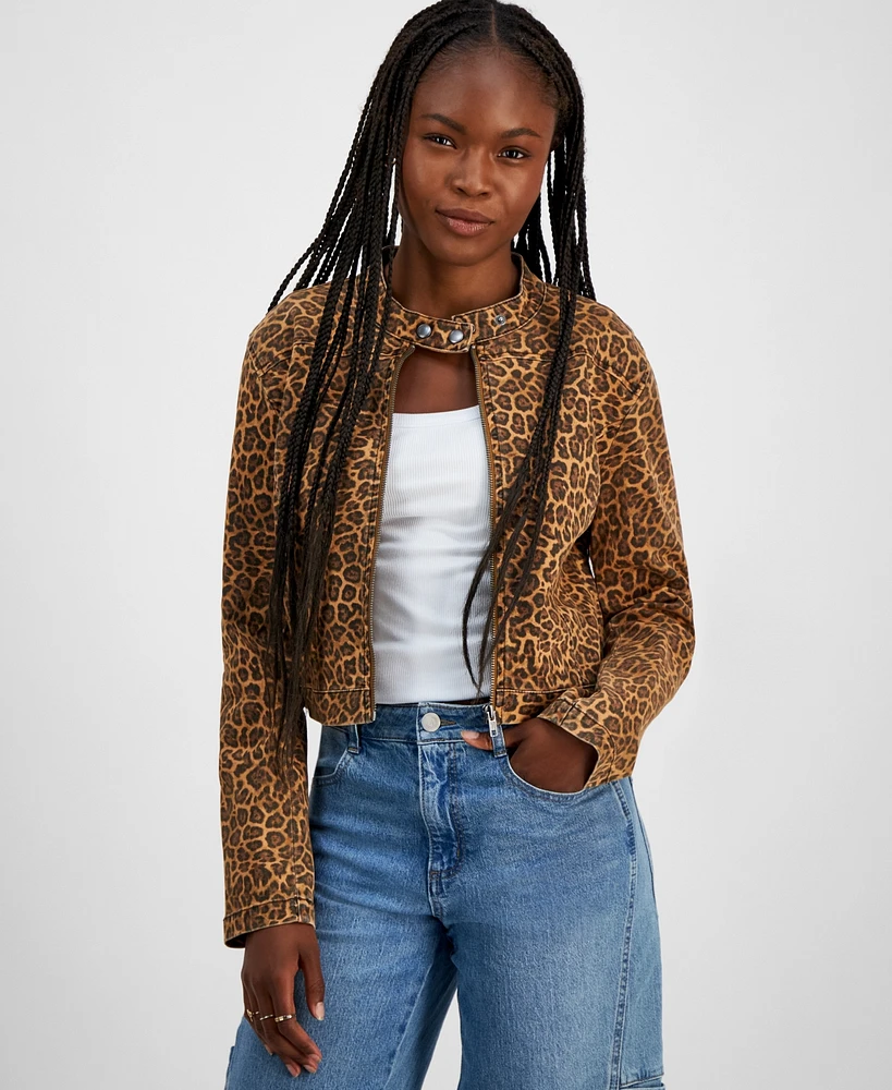 Tinseltown Juniors' Leopard-Print Zip-Up Moto Jacket