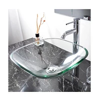 Square Tempered Glass Vessel Sink Basin with Chrome Mounting Ring and 1 5/8" Drain Set