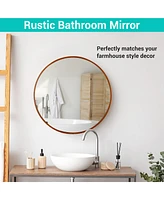 Aquaterior Bathroom Ceramic Vessel Sink Faucet Drain Kit w/ Round Wooden Mirror