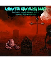 Animated Crawling Baby Zombie Scary Ghost Doll Halloween Decor Sound Sensor Flashing Eyes