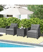 3 Pieces Outdoor Wicker Conversation Set with Tempered Glass Tabletop-Gray