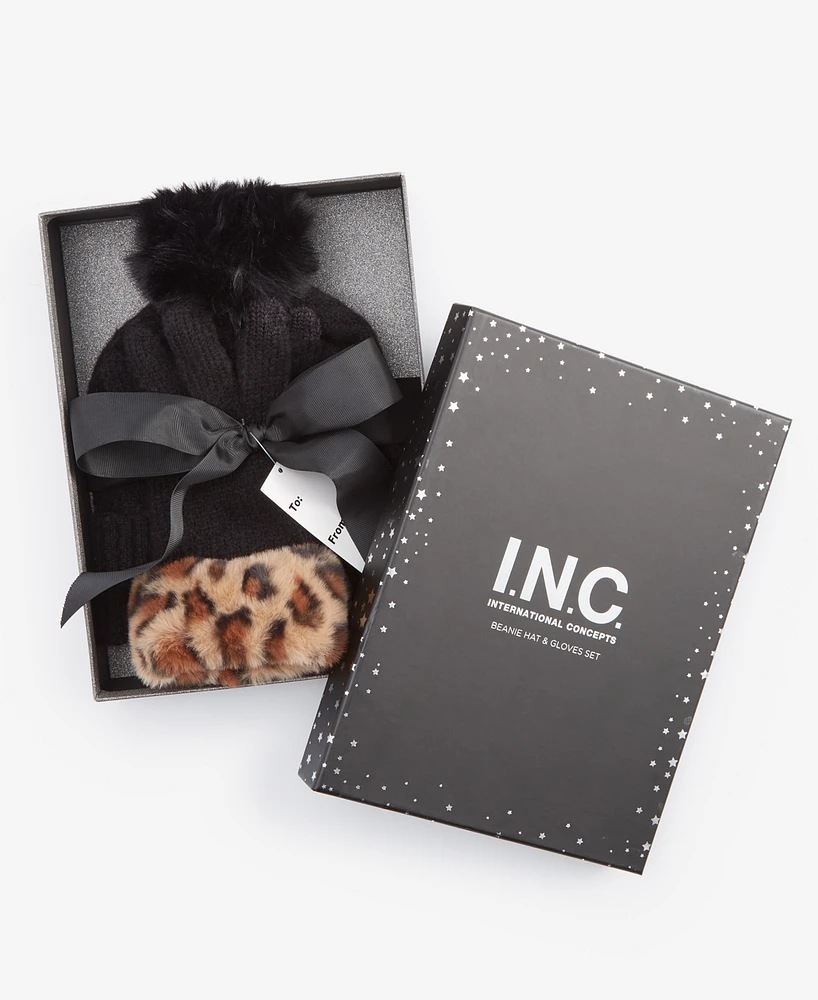 I.n.c. International Concepts Women's Beanie & Faux-Fur-Trim Gloves Boxed Gift Set, Created for Macy's