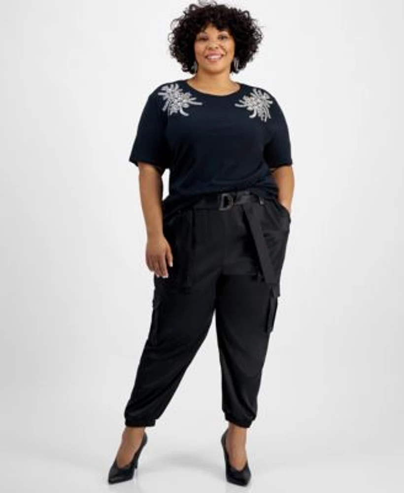 I.N.C. International Concepts Plus Size Embellished Cotton T Shirt Belted High Rise Satin Cargo Pants Created For Macys