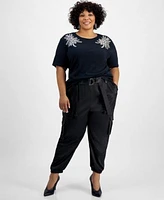 I.N.C. International Concepts Plus Size Embellished Cotton T Shirt Belted High Rise Satin Cargo Pants Created For Macys