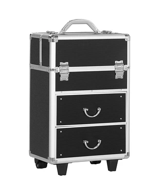 Homcom Rolling Makeup Train Case Traveling Cart Trunk w/ Swivel Wheel Key