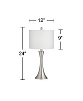 Gerson Modern Table Lamps 24" Tall Set of 2 with Dimmers Brushed Nickel Silver Metal Led White Drum Shade for Bedroom Living Room House Home Bedside N