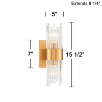 Gillery Modern Wall Light Sconce Warm Brass Gold Hardwired 5" 2-Light Fixture Clear Glass Rods for Bedroom Bathroom Bedside Living Room House Home Hal