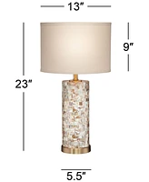 Margaret Coastal Accent Table Lamp 23" High Mother of Pearl Tile Cylinder Glass Cream Linen Fabric Drum Shade for Living Room Bedroom Beach House Beds