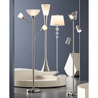 Possini Euro Design Alexei Modern Torchiere Floor Lamp Tree 3-Light Gooseneck Arm 72" Tall Brushed Nickel White Crackle Glass Pole Dimmer Living Room