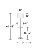 360 Lighting Caper Modern Floor Lamp with Tray Usb and Ac Power Outlet on Table Glass 60.5" Tall Satin Nickel White Fabric Drum Shade for Living Room