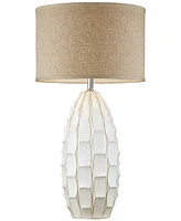 Cosgrove Mid Century Modern Coastal Table Lamp 32.75" Tall Ceramic White Handcrafted Beige Fabric Drum Shade Decor for Living Room Bedroom House Bedsi