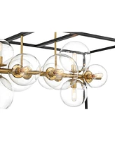 Possini Euro Design Fitzgerald Matte Black Gold Linear Pendant Chandelier 38" Wide Mid Century Modern Open Rectangular Frame Clear Globe Glass 12-Ligh