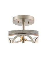 Franklin Iron Works Salima Farmhouse Rustic Industrial Ceiling Light Semi Flush Mount Fixture 16" Wide 3-Light Brushed Nickel Gray Wood Finish Drum Sh