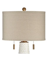 Kingston Mid Century Modern Table Lamp 32 3/4" Tall White Grooved Patterned Ceramic Taupe Drum Shade for Bedroom Living Room House Bedside Nightstand