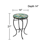 Dragonfly Modern Black Metal Round Outdoor Accent Side Table 14" Wide Blue Green Mosaic Tile Inlay Tabletop Gracefully Curved Legs for Spaces Porch Pa