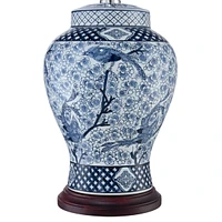 Shonna Asian Chinese Ginger Jar Table Lamp 27" Tall Porcelain Blue White Bird and Branch Bell Shade Decor for Living Room Bedroom House Bedside Nights