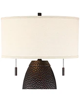 Noah Rustic Farmhouse Table Lamp 31" Tall Bronze Brown Hammered Textured Oatmeal Fabric Drum Shade for Bedroom Living Room House Bedside Nightstand Ho