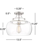 Franklin Iron Works Charleston Industrial Rustic Farmhouse Ceiling Light Semi Flush-Mount Fixture 13 1/2" Wide Brushed Nickel Led Clear Glass Shade fo