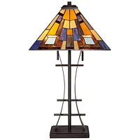 Jewel Tone Mission Tiffany Style Table Lamp 27" Tall Iron Bronze Geometric Antique Stained Glass Art Shade Decor for Living Room Bedroom House Bedside