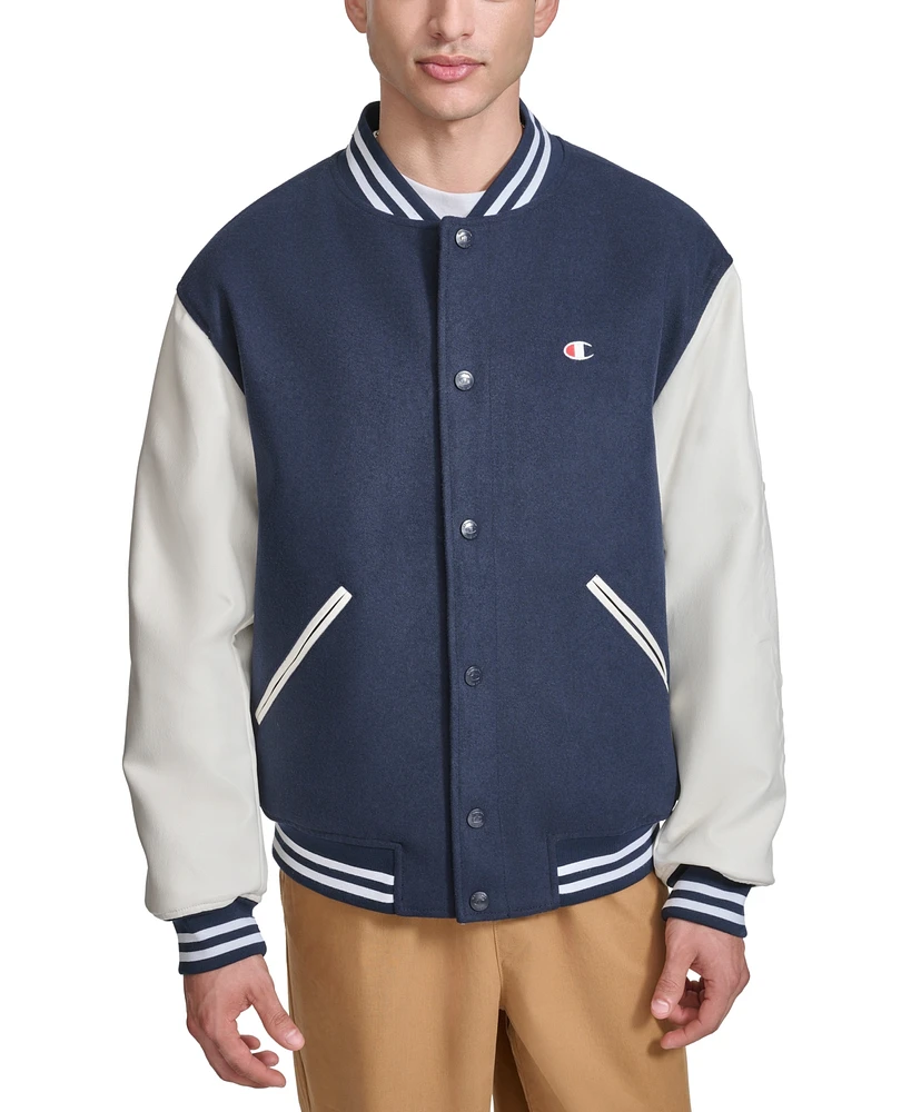 Champion Men's Colorblocked Mixed-Media Varsity Jacket