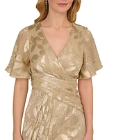 Adrianna Papell Women's Foil Leaf Flutter-Sleeve Draped Gown