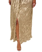 Adrianna Papell Plus Foil Leaf Flutter-Sleeve Draped Gown