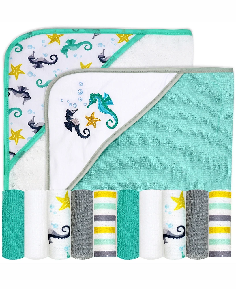 Buba Baby Boys and Girls 2 Pack Embroidered Hooded Bath Towel Wash Cloth Set