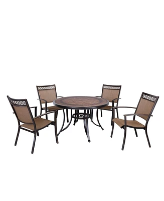 Mondawe 5 Piece Dark Gold Cast Aluminum Round 28 in. H Outdoor Dining Table and Sets of 4 Chairs