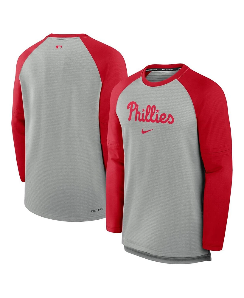 Nike Men's Heather Gray/Red Philadelphia Phillies Authentic Collection Game Time Raglan Performance Long Sleeve T-Shirt