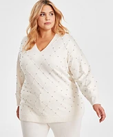 Anne Klein Plus Size Embellished V-Neck Long-Sleeve Sweater