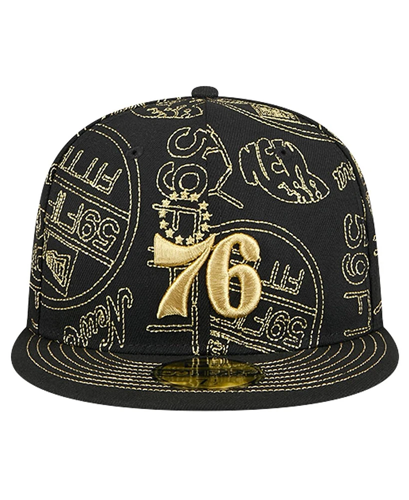 New Era Men's Black Philadelphia 76ers 59FIFTY Day Allover Print Stencil Fitted Hat