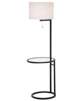 360 Lighting Space Saver Modern Style Standing Floor Lamp with Glass Tray End Table 62" Tall Black Metal White Fabric Sleek Drum Shade Decor for Livin