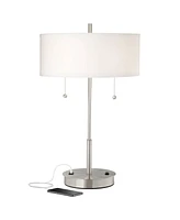 360 Lighting Nikola Modern Accent Table Lamp with Hotel Style Usb and Ac Power Outlet in Base 23.75" High Silver White Drum Shade for Living Room Desk