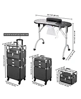Byootique Folding Manicure Nail Table 2in1 Rolling Makeup Train Case Kit Manicure Cosmetic Trolley Travel Organizer Nail Case, Black