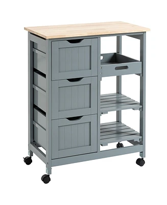 Homcom Rolling Kitchen Island Cart, Bar Serving Cart, Compact Trolley on Wheels with Wood Top, Shelves & Drawers for Home Dining Area, Grey