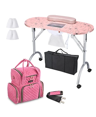 Byootique Folding Manicure Table Nail Polish Carrying Case with Built-in Dust Collector Lockable Wheel for Nail Beauty Spa Salon Home, Pink