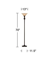 Regency Hill Traditional Torchiere Floor Lamp 70" Tall Hand Applied Black Bronze Swirl Font Amber Glass Shade Standing Pole Light for Living Room Read