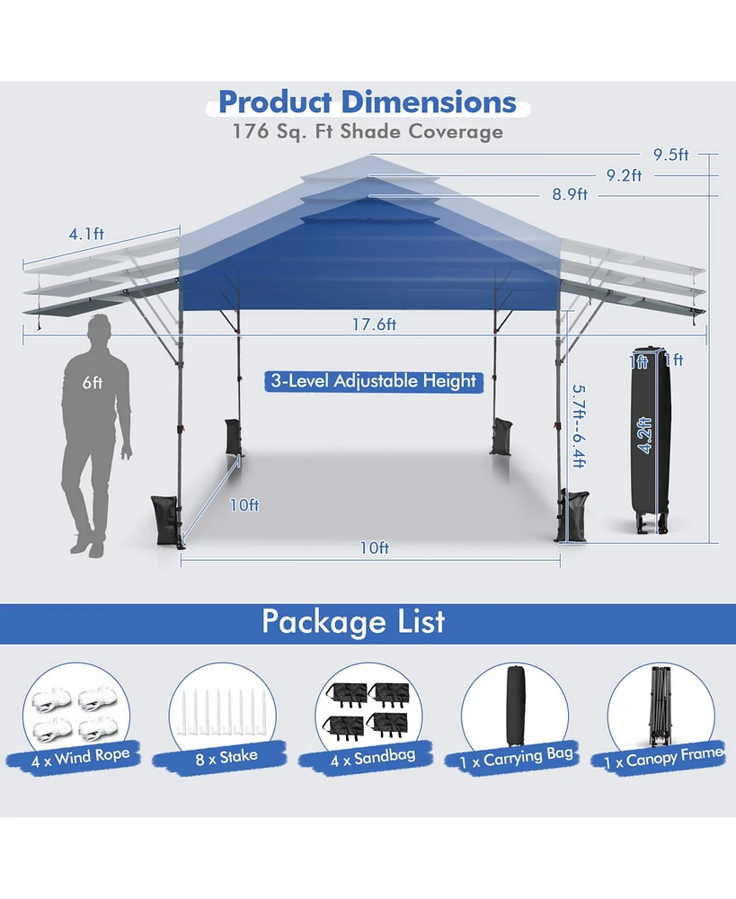Slickblue 10 x 17.6 Feet Outdoor Instant Pop-up Canopy Tent with Dual Half Awnings