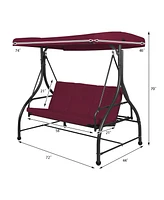 Costway Converting Outdoor Swing Canopy Hammock 3 Seats Patio Deck Furniture Wine Red