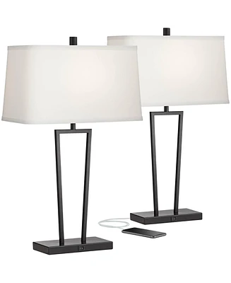 360 Lighting Cole Modern Minimalist Table Lamps 27" Tall Set of 2 with Usb Charging Ports Black Metal White Rectangular Shade for Living Room Bedroom