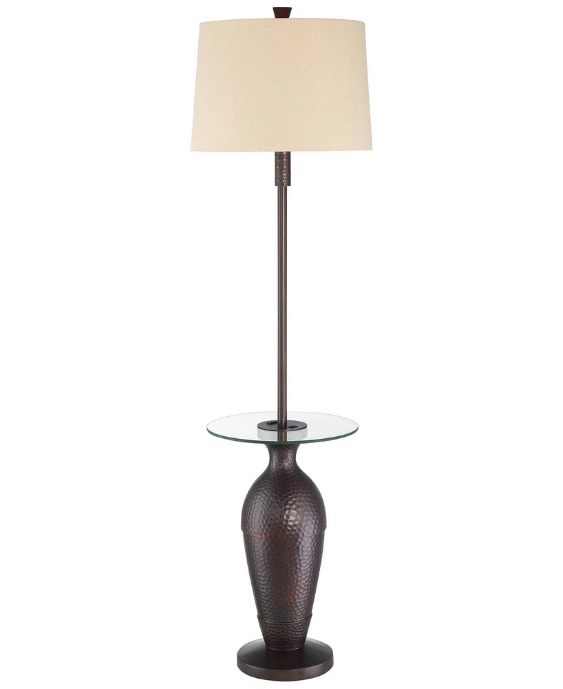 Regency Hill Fallon Industrial Floor Lamp with Tray Table Usb and Ac Power Outlet in Base 66" Tall Oil Rubbed Bronze Hammered Oatmeal Drum Shade for L