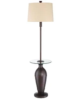 Regency Hill Fallon Industrial Floor Lamp with Tray Table Usb and Ac Power Outlet in Base 66" Tall Oil Rubbed Bronze Hammered Oatmeal Drum Shade for L