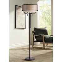 Franklin Iron Works Alamo Industrial Rustic Farmhouse Standing Floor Lamp 62" Tall Bronze Sheer Brown Organza Linen Fabric Double Drum Shades for Livi