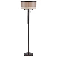 Franklin Iron Works Alamo Industrial Rustic Farmhouse Standing Floor Lamp 62" Tall Bronze Sheer Brown Organza Linen Fabric Double Drum Shades for Livi