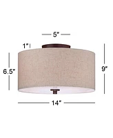 Regency Hill Sylvan Modern Ceiling Light Semi Flush-Mount Fixture 14" Wide Bronze 3-Light Oatmeal Fabric Drum Shade for Bedroom Kitchen Living Room Ha