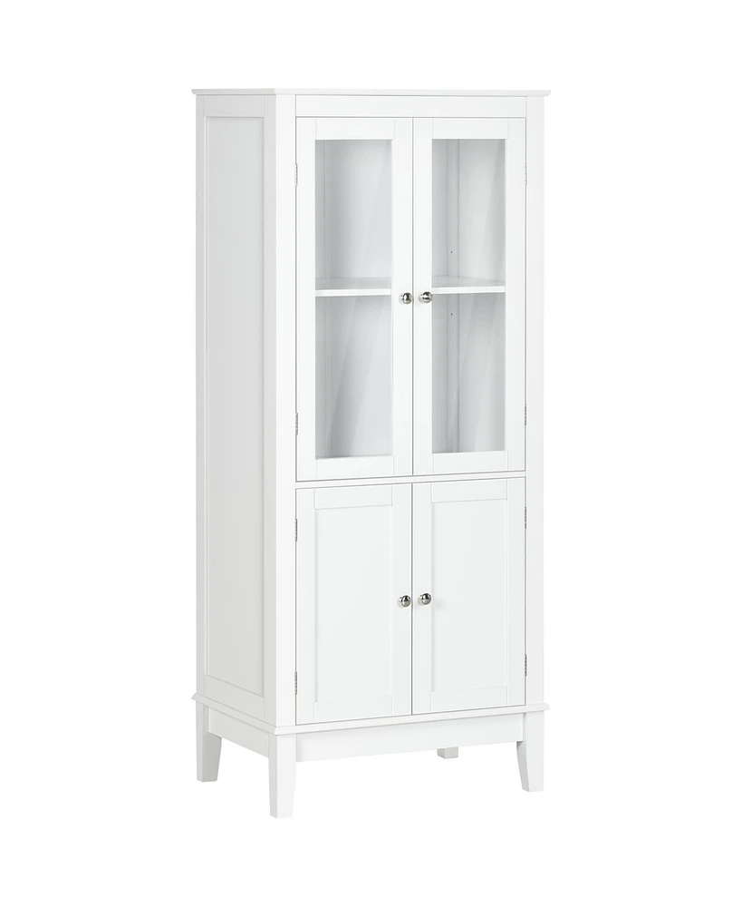 Kleankin Bathroom Floor Cabinet with 2 Storage Cabinets, Tempered Glass Door, Freestanding Linen Tower with Adjustable Shelves for Living Room, White